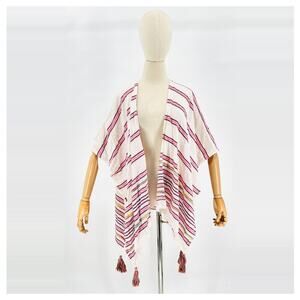 Boho Woven Striped White Pink Tassel Hem Shawl Kimono
